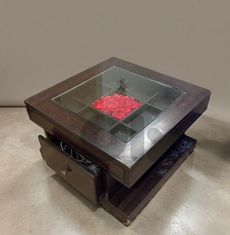 Dark Wood Square Table with Glass Top & Storage Drawer(good condition)