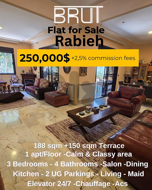 180 sqm +150 sqm terrace apartment for sale in Rabieh Prime location