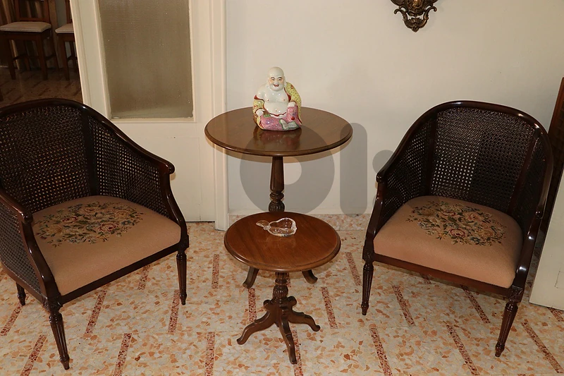 4-Piece Vintage Salon Set - 2 Caned Armchairs & 2 Pedestal Side Tables 4-Piece Vintage Salon Set - 2 Caned Armchairs & 2 Pedestal Side Tables