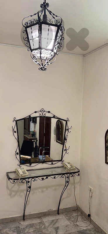 console with mirror and ceiling lamp fer forgé