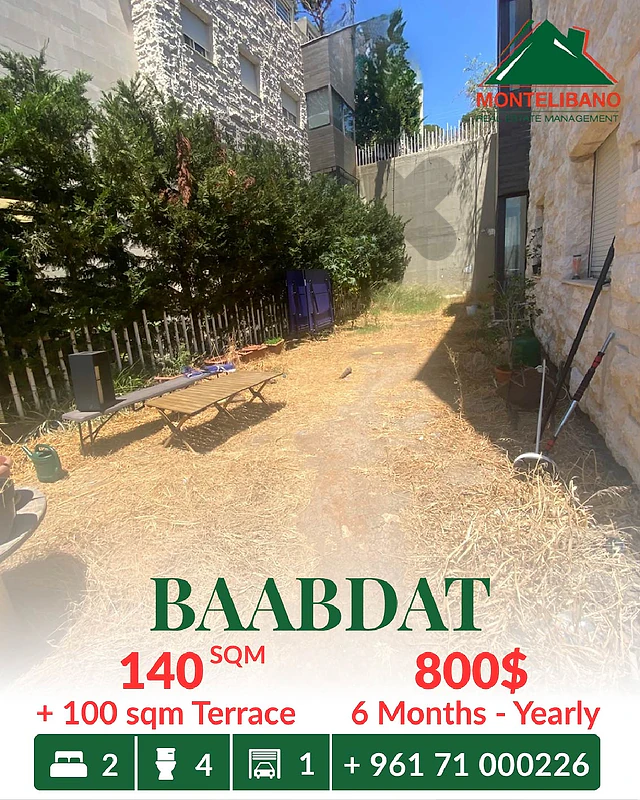 140 sqm Apartment For Rent in Baabdat بعبدات with 100 sqm Terrace