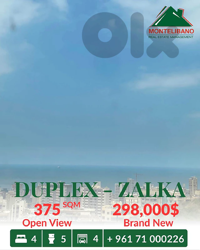 Brand New 375 sqm Duplex For Sale in Zalka زلقا with Open View