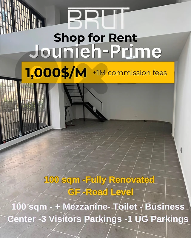Prime Location 100 Sqm Shop for Rent in Jounieh -Ghadir