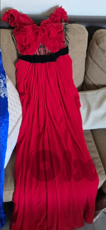 Elegant Red Designer Evening Gown – Ruffle & Pleated Maxi Dress