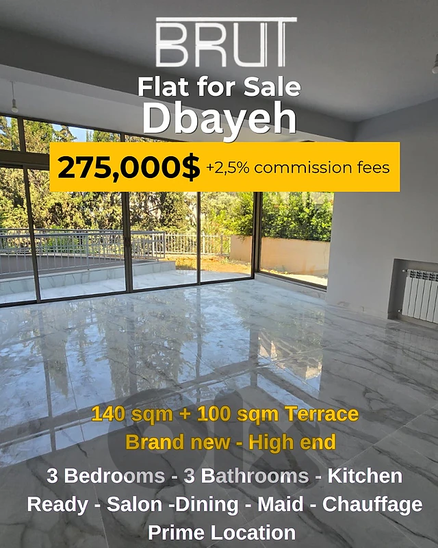 Brand new 140 sqm +100 sqm Terrace Apartment for sale in Dbayeh Prime