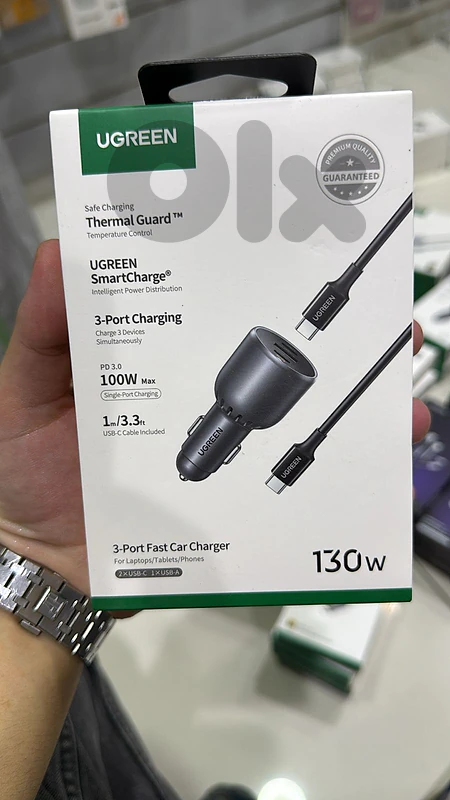 Ugreen 130w 3-port fast car charger+usb-c cable  (2xusb-c,1xusb-a)
