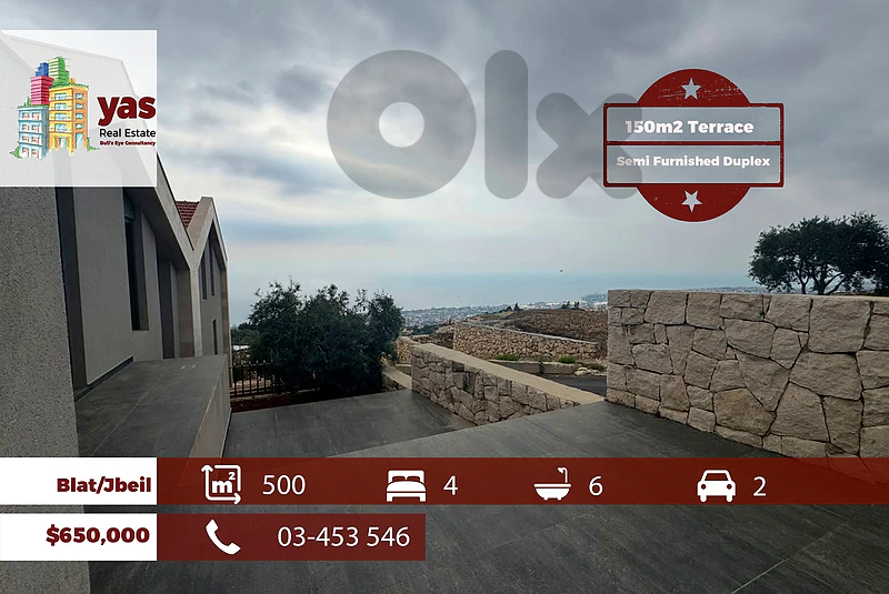Blat/Jbeil 500m2 | 150m2 Terrace | Semi Furnished Duplex | Sea View|HS