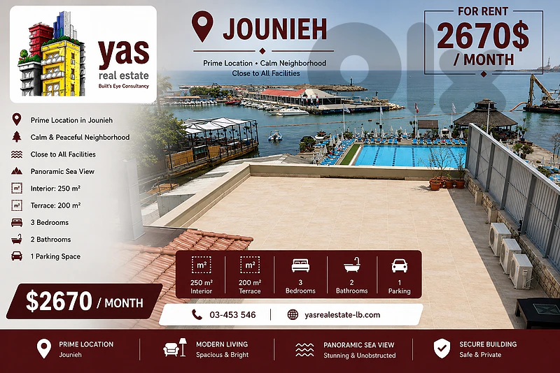 Jounieh 250m2 | 200m2 Terrace | Furnished | Rent | Astonishing View|EH