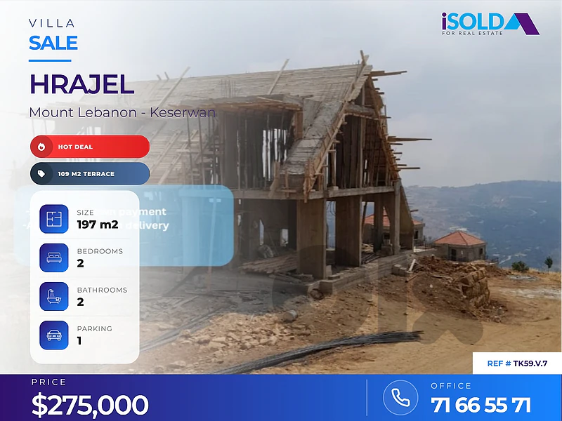 HOT DEAL-Under construction villa+view + terrace 4 sale Hrajel, Faraya