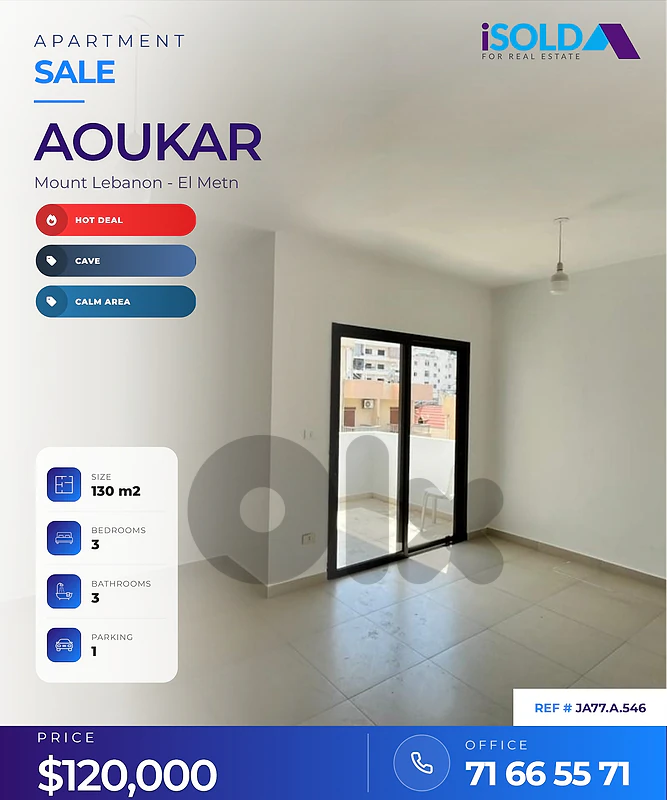 3 bedrooms apartment 4 sale Aoukar / Awkar +storage + parking