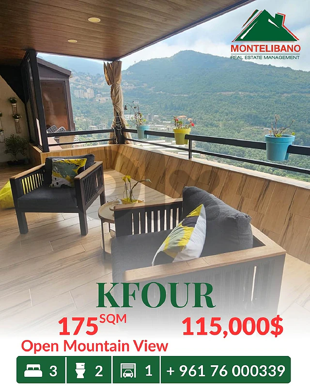 175 sqm Apartment For Sale in Kfour كفور with Open Mountain View