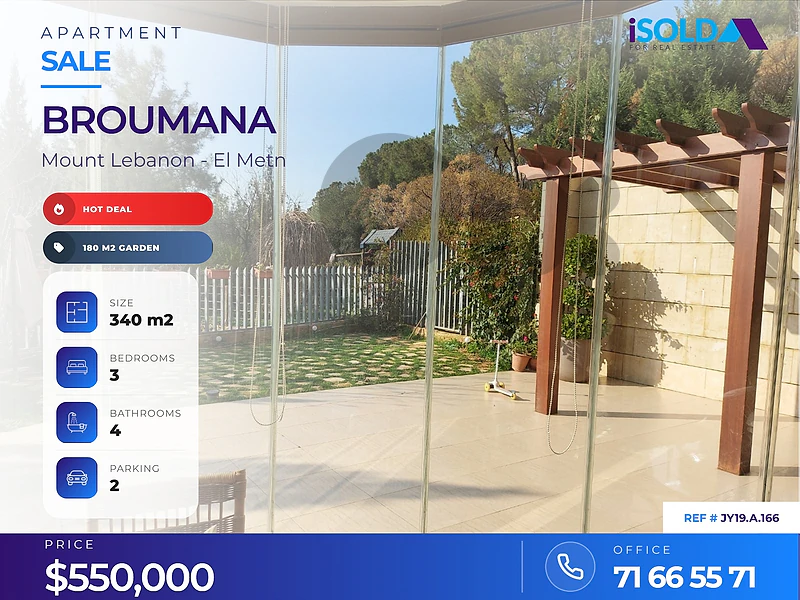 HOT DEAL- A 280 m2 apartment with a 180 m2 garden for sale in Broumana