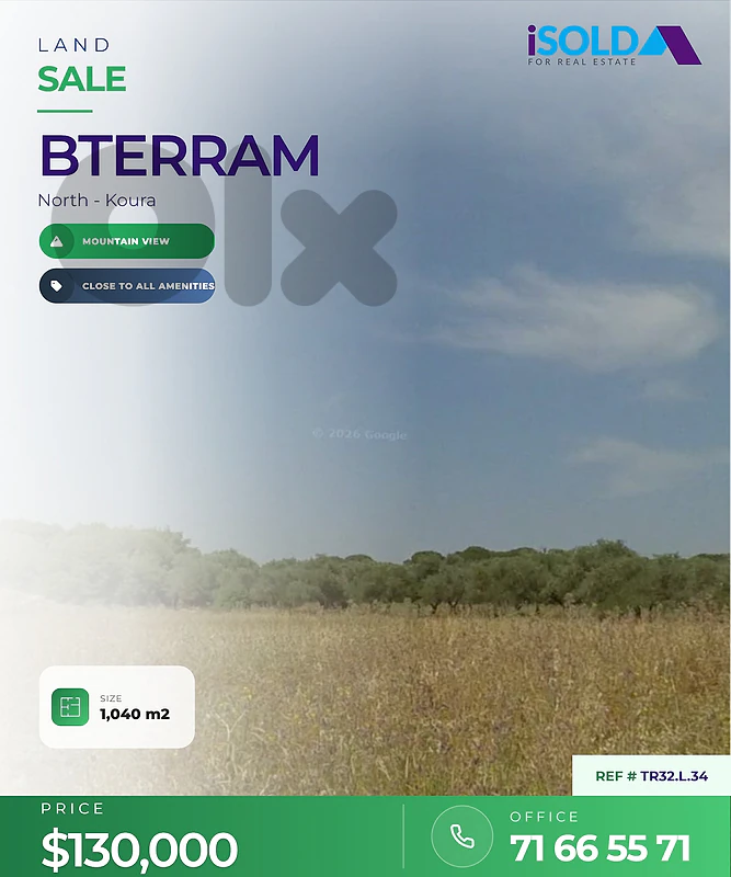 A 1040 m2 land having an open mountain view for sale in Bterram, Koura