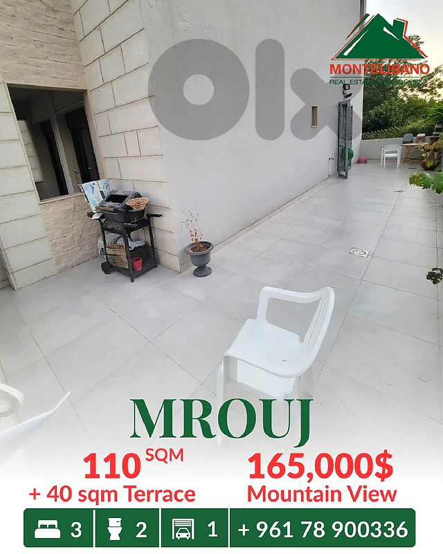 110 sqm Apartment For Sale in Mrouj مروج with 40 sqm Terrace