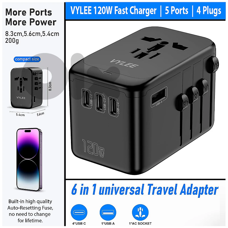 2 Universal Travel Adapters (120W) 4 Plugs, 4 USB-C and 1 USB-A Ports