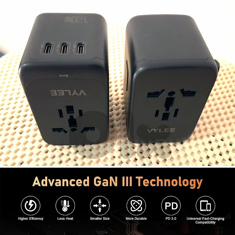 2 Universal Travel Adapters (120W) 4 Plugs, 4 USB-C and 1 USB-A Ports