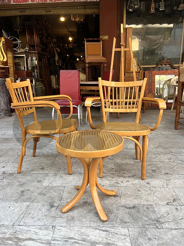 Pair of bentwood beech and natural rattan armchairs فوتاي عدد ٢ قش