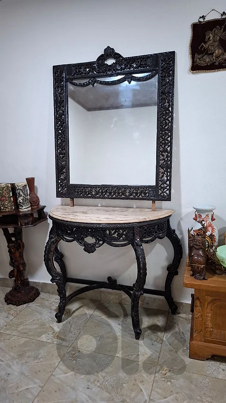 Italian Hand-Carved Hardwood Console Table & Mirror Set with Marble