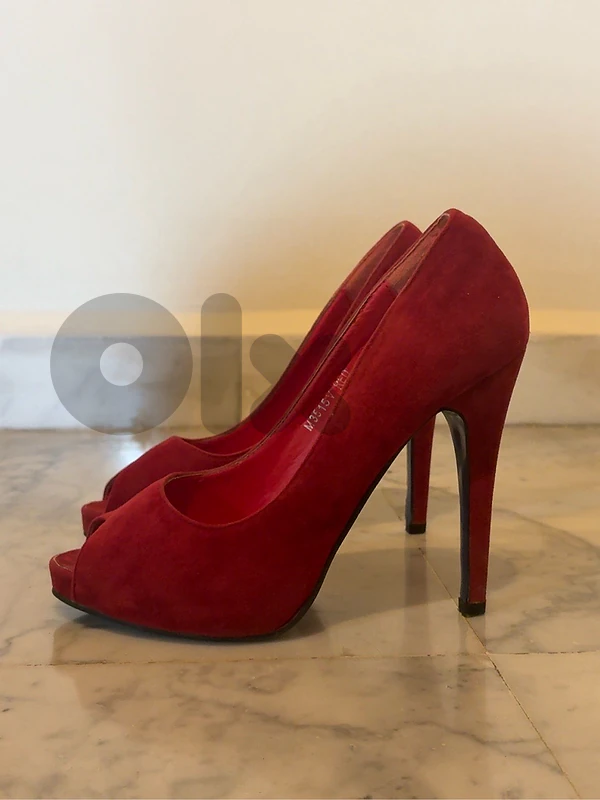 Red Suede Peep-Toe Heels – Size 38
