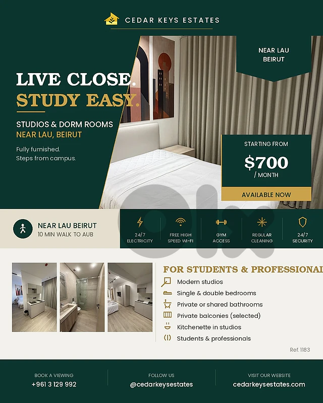 Student & Professionals Studios for Rent Near LAU & AUB, Beirut