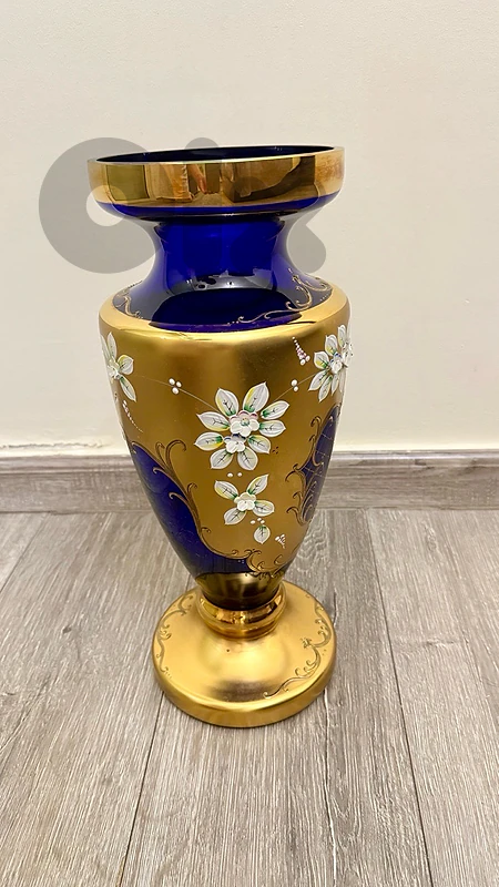 Czech Bohemian Gold High Enamel Cobalt Blue Glass Vase Floral