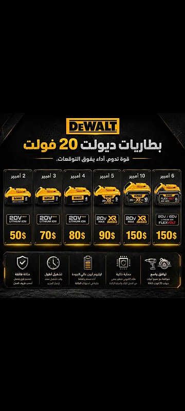 تشكيلة بطاريات ديوالت الاصلية 20فولت عدة احجام