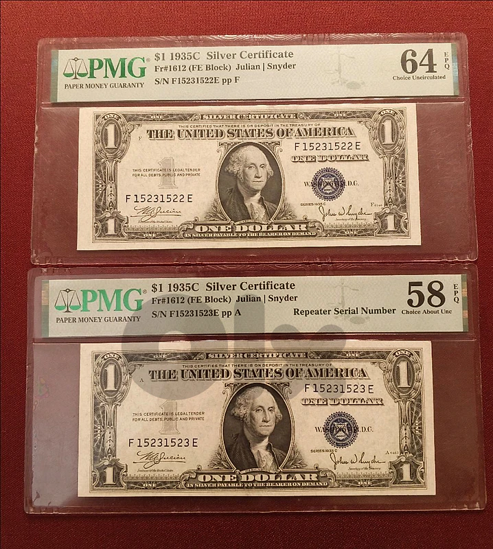 1935C $1 Silver Certificates – PMG Graded Pair زوج أوراق أمريكية دولار