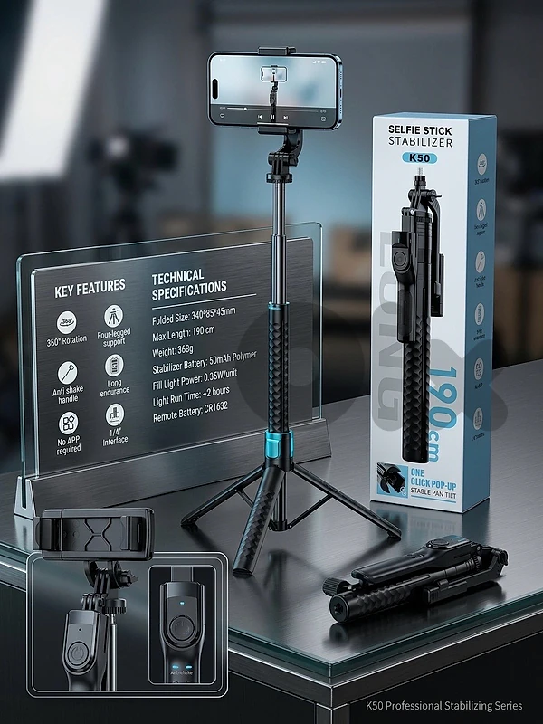 📸 K50 Professional Selfie Stick Stabilizer 🎥