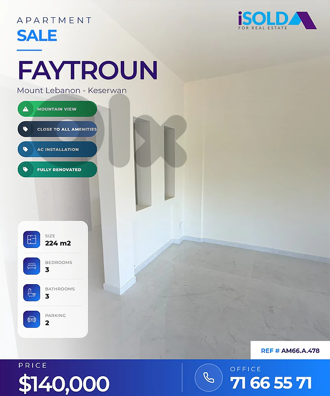 625$ / m2 Catchy Apartement + open view 4 sale in Feytroun ,2 parkings