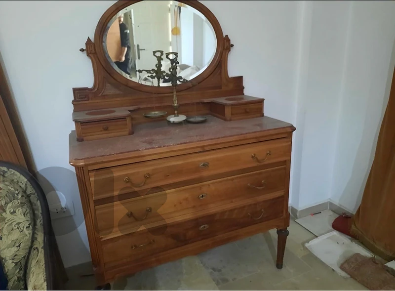 100-Year-Old French Antique Wooden Dresser with Mirror & Marble Top