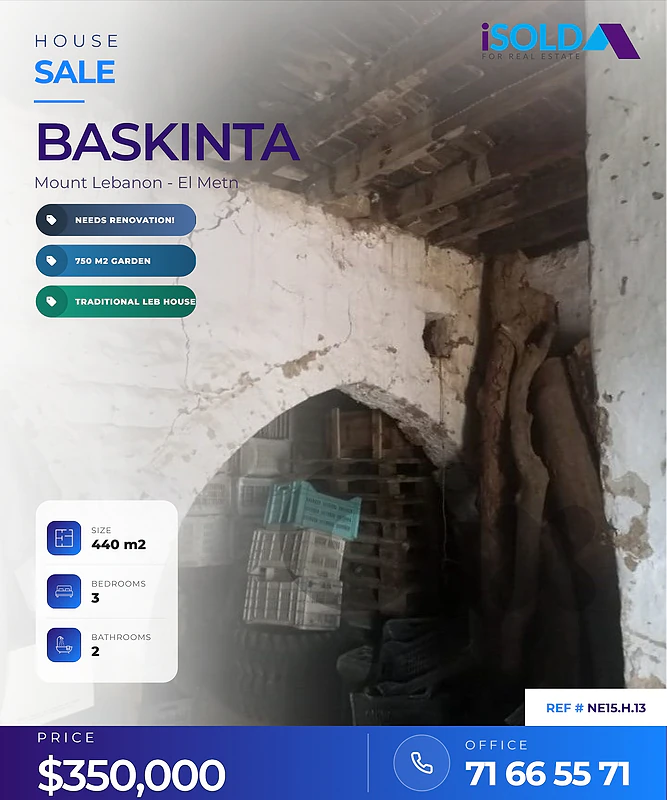 A 190 m2 traditional lebanese house + 750 m2 garden 4sale in Baskinta