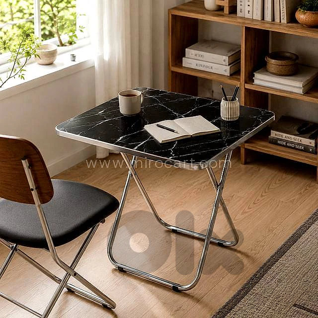 Black Marble Folding Table — Square Metal Frame, 60 × 60 cm