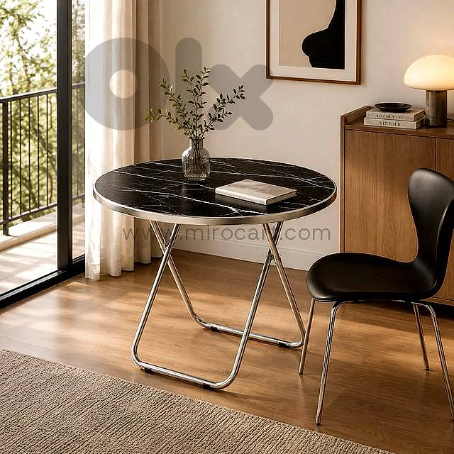 Black Marble Folding Table — Round Metal Frame