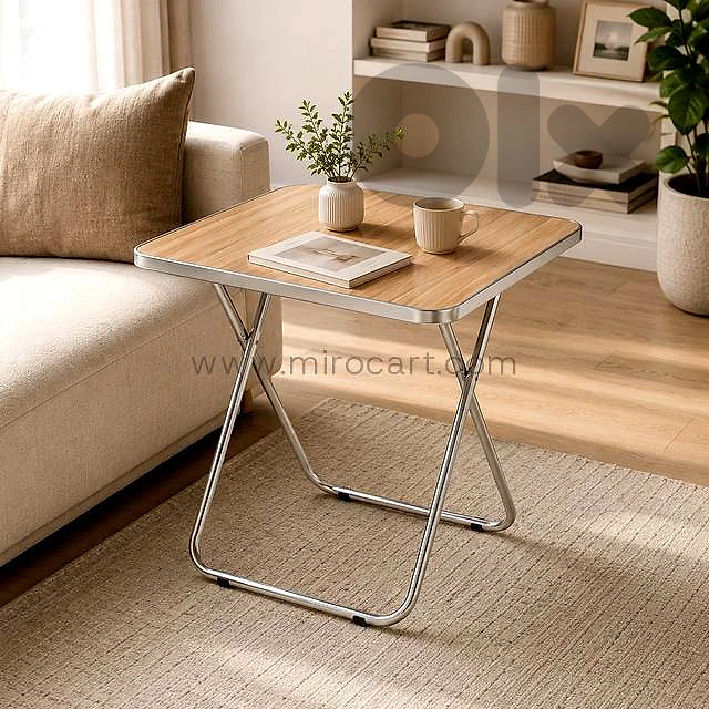 Natural Wood Folding Table — Square Metal Frame Natural Wood Folding Table — Square Metal Frame