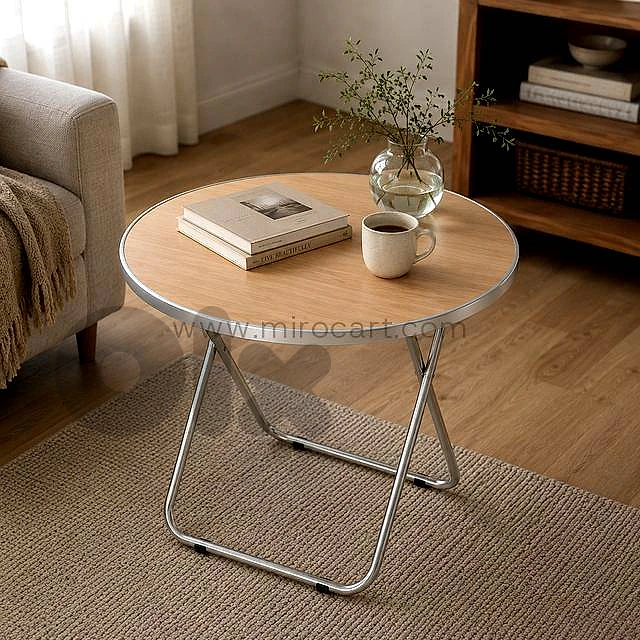 Natural Wood Folding Table — Round Metal Frame Natural Wood Folding Table — Round Metal Frame