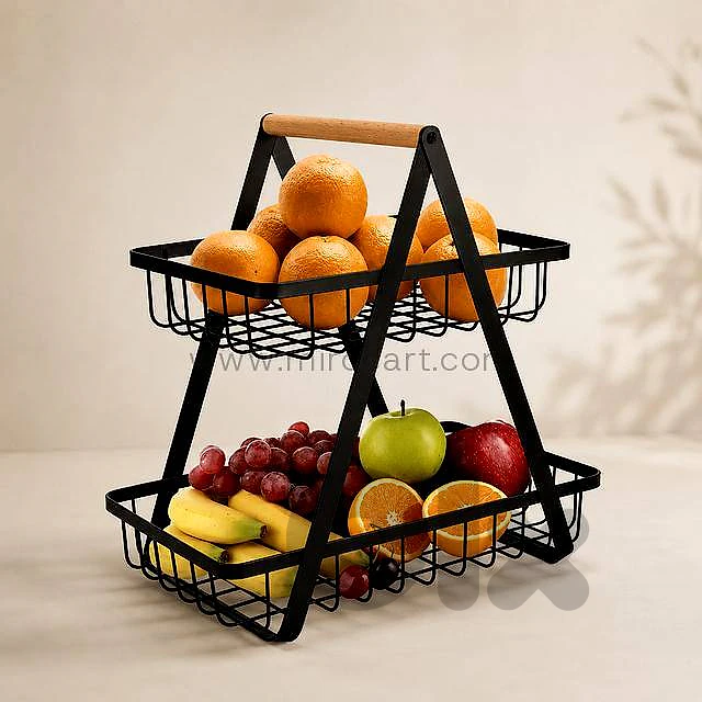 2-Tier Kitchen Storage Basket — Black Metal & Wood