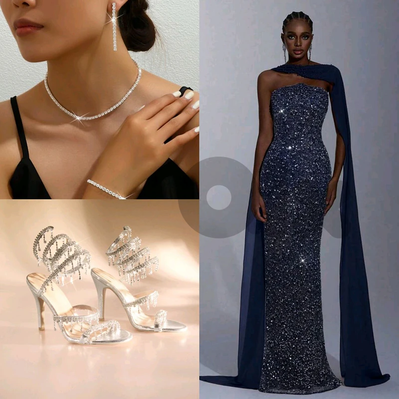 A luxurious dark blue dress with heel and accessories all 100$ for buy