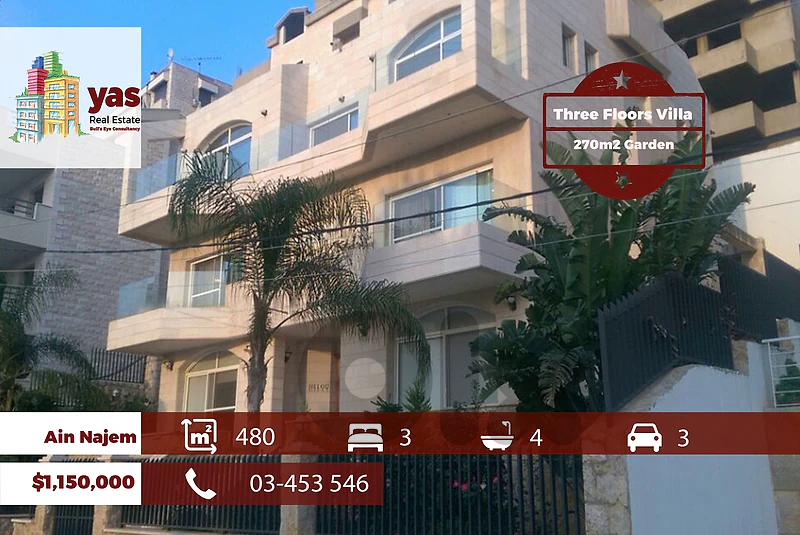 Ain Najem 480m2 | 270m2 Garden | Three Floors Villa | Calm Street |TCH