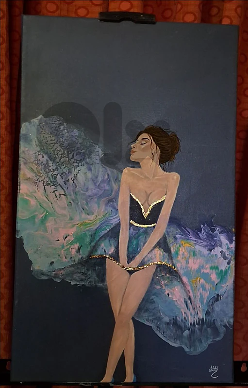 gorgeous flying dress lady acrylic painting لوحة رسم يد بالاكريليك