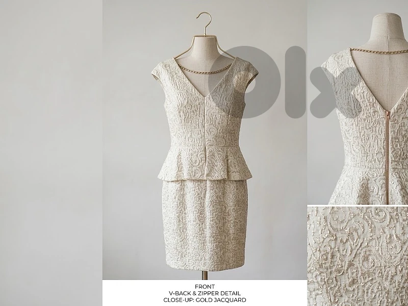 Elegant Cream & Metallic Gold Peplum Cocktail Dress