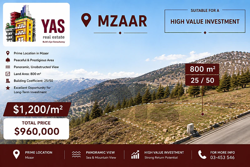 Mzaar 800m2 Land | Prime Location | 25 / 50 | Open View | HN |