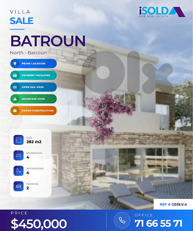 255 m2 twin villa+45 m2 garden/terrace& pool+open views 4sale, Batroun