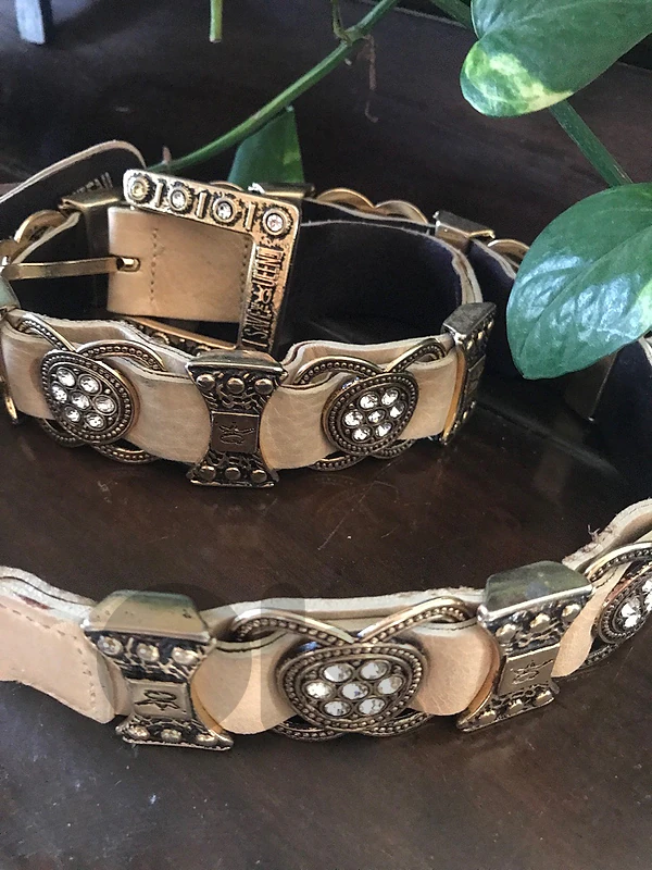 real leather creamy strass belt