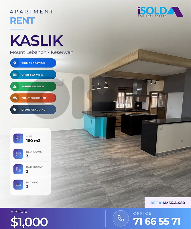 Luxurious decorated apartment+open mountain+sea view 4 rent in Kaslik