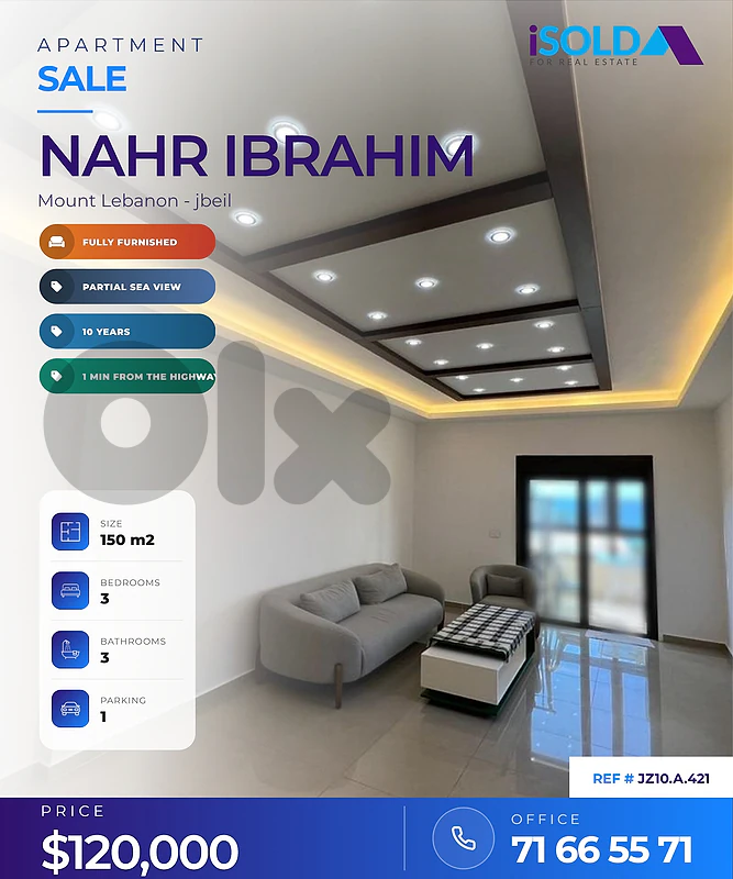 3 bedroom decorated apartment +open sea view for sale in  Nahr ibrahim