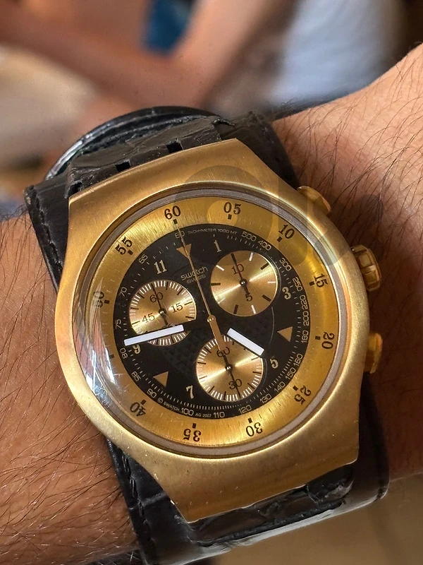 Limited edition Swatch Irony Chronograph YOZ100 MatRebeaud Helmet Gold