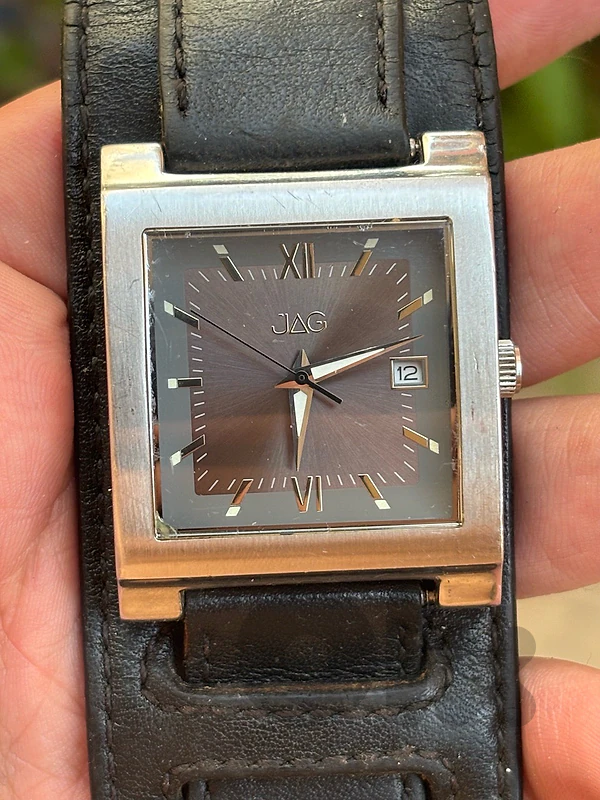 Vintage JAG Square Watch with Date – Y2K Leather Cuff Strap