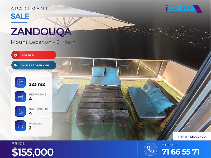 HOT DEAL- 216 m2 Duplex for Sale in Zandouka