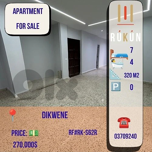 Fully renovated apartment for sale 7 rooms in Dekwaneh 300m2 for $270K