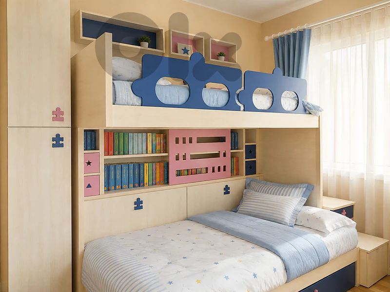 Full Kids Bedroom – Two superposed Beds, Closets, Drawers & Desks
